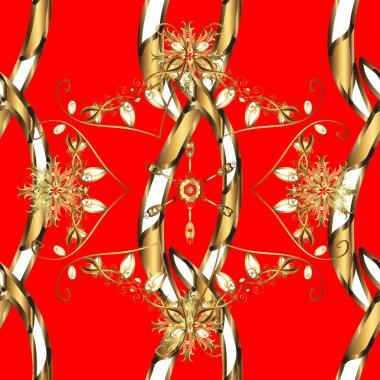 Vektör geometrik arkaplan. Kırmızı, kahverengi ve bej renklerde altın desenli altın çiçekli elementler. Senin tasarımın için, duvar kağıdı. Altın rengi kusursuz illüstrasyon.