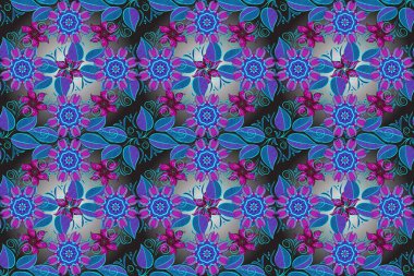 Küçük çiçekli kusursuz yay deseni. Raster illüstrasyonu. Suluboya stilinde gri, mor ve mavi renkler üzerine.