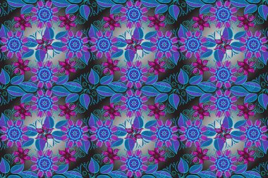 Küçük çiçekli kusursuz yay deseni. Raster illüstrasyonu. Suluboya stilinde gri, mor ve mavi renkler üzerine.