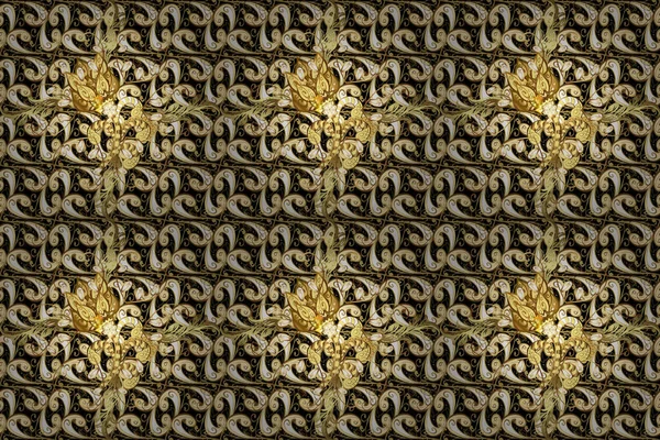 Golden snowflake simple seamless pattern. Raster golden pattern on yellow, black, beige colors. Symbol of winter, Merry Christmas holiday, Happy New Year 2019. Abstract wallpaper, wrapping decoration.