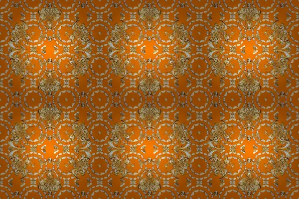 Kusursuz klasik altın desen. Altın desenli turuncu, kahverengi ve beyaz, altın elementli. Raster geleneksel oryantasyon süsü.