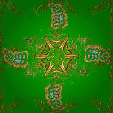 Damask altın soyut çiçek deseni yeşil, kahverengi ve sarı renklerde. Vektör çizimi. Süsleme.