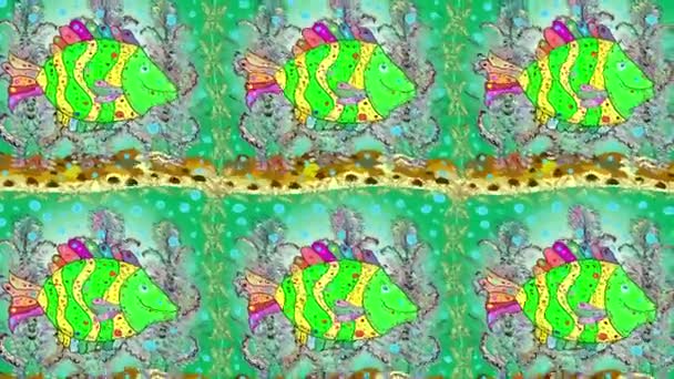 运动画面背景与色彩丰富的元素 背景上游泳鱼的图案很可爱 鱼海报 横幅模板 小鱼可用作婴儿用品 T恤衫 包装设计的印刷品 斯堪的纳维亚风格 — 图库视频影像