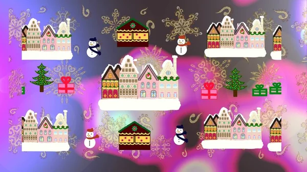 Erstaunliche Feenhaus Weihnachten Zauberwald Dekoriert Außergewöhnliche Weihnachtspostkarte Auf Violetten Neutralen — Stockfoto