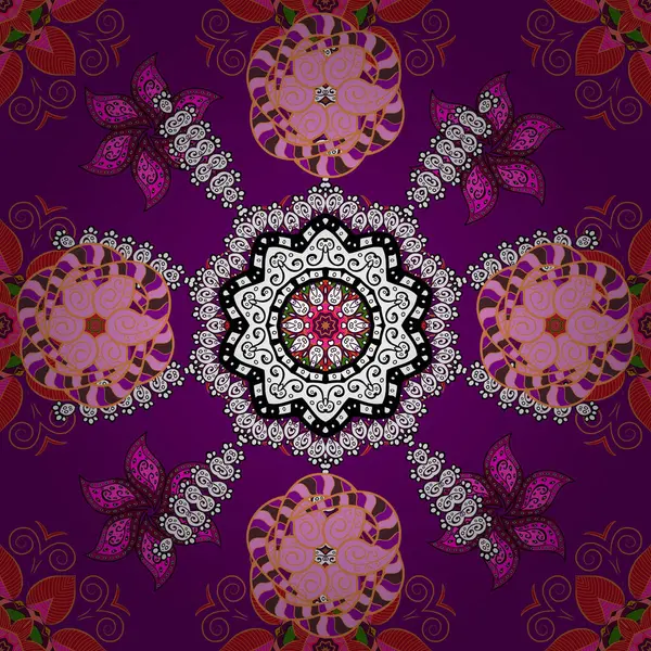 Flowers on purple, white and orange colors. Fabric pattern texture daisy flowers detail.