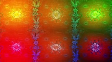Renkli unsurlarla hareketli arka plan görüntüleri. Çiçekler. Eski model. Bayrak tarzı. Altın, altın. Video kaydı. Şablon.