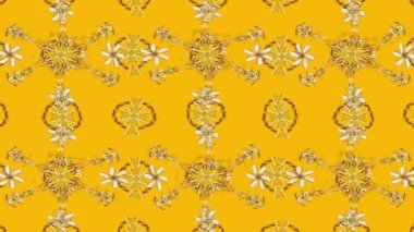 Renkli unsurlarla hareketli arka plan görüntüleri. Çiçekler. Eski model. Bayrak tarzı. Altın, altın. Video kaydı. Şablon.