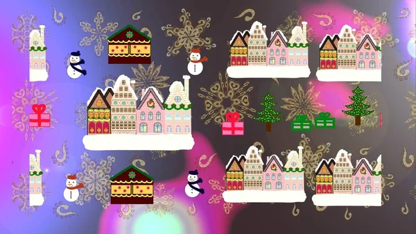 Raster Illustration Merry Christmas Card House Christmas Illustration Violet Neutral — Stock Photo, Image