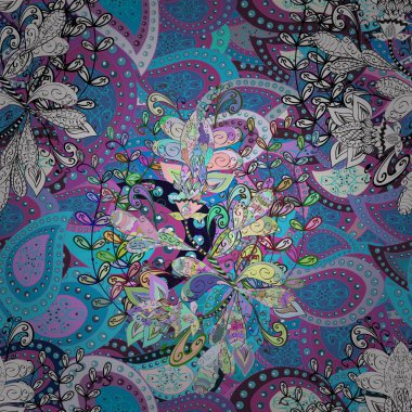 Tekstil, kumaş, kapaklar, duvar kağıtları, baskı, yapıştırma, yapıştırma kitabı, dekupaj için çiçeksiz bir arka plan. Millefleur 'lar. Küçük mavi, beyaz ve nötr çiçekli oldukça eski bir besin torbası deseni.