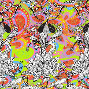 Duvar kağıdı, web sitesi arka planı, ambalaj kağıdı, davetiye, broşür, afiş veya web sitesi için kusursuz çiçek deseni kullanılabilir. Karalama elementleri. El çizimi Vektör illüstrasyonu.