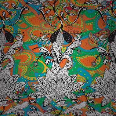 Vektör illüstrasyonunda kusursuz çiçek deseni. Beyaz, siyah ve turuncu renkte çiçekler.