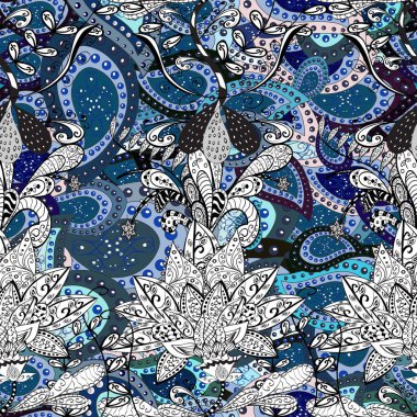 Vektör deseni. Bahar çiçekleriyle desen dallı, mavi, beyaz ve gri renkler çiçekli siluet.