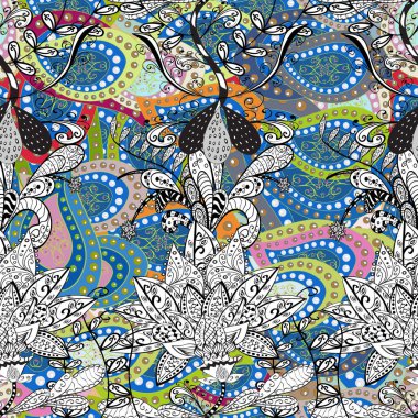 Paisley el çizimi elementler. Ev dekoru. Fantezi çiçekli kusursuz desen, doğal duvar kağıdı, çiçek desenli kıvrım çizimi..