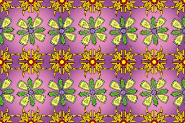 3 boyutlu çiçekler, pürüzsüz. Pembe, sarı ve mor renklerde. Raster illüstrasyonu.