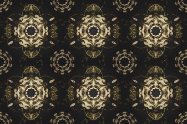 Altın element gri, kahverengi ve sarı renklerde. Damask pürüzsüz yineleme kalıbı. Antika altın tekrarlanabilir duvar kağıdı. Barok tarzında altın çiçekli süs..