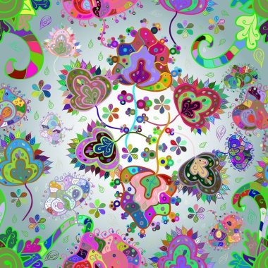 Düz Çiçek Elementleri Tasarımı. Renkli Bahar Temalı Kusursuz Arkaplan. Tarafsız, yeşil ve mavi renkli şirin çiçek desenleri. Modaya uygun kumaş deseni.