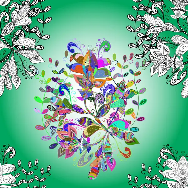 Gentle, spring floral on blue, green and neutral colors. Pattern. Exploding flowers abstractly placed.