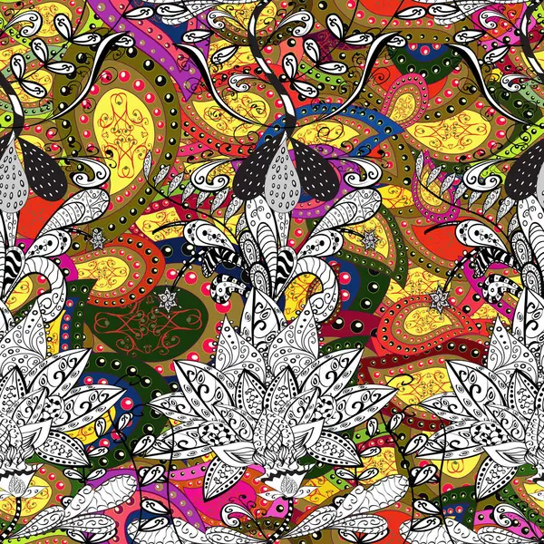 Renkli Bahar Temalı Kusursuz Arkaplan. Çocuk stili. Çiçeklerle kusursuz bir arka plan. Düz Çiçek Elementleri Tasarımı.