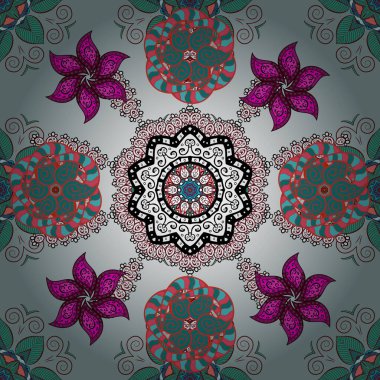 Çiçekle kusursuz desen. Düz Çiçek Elementleri Tasarımı. Mavi, kırmızı ve nötr renklerde çiçekler. Renkli Bahar Teması Kusursuz Arkaplan.