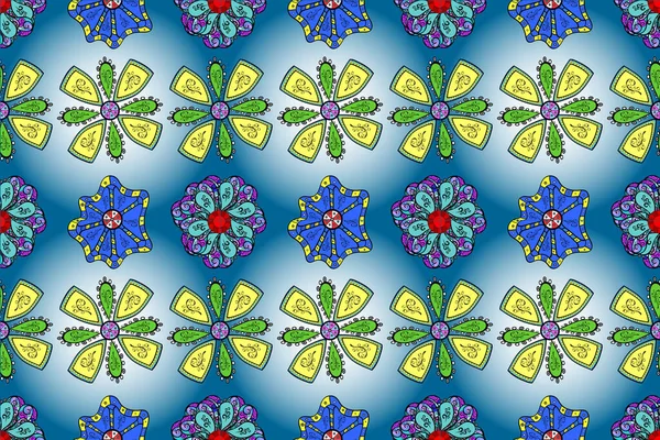 Raster illustration. In asian textile style. Flowers on black, neutral and blue colors. Colour Spring Theme seamless pattern Background. Seamless flowers pattern. Flat Flower Elements Design.