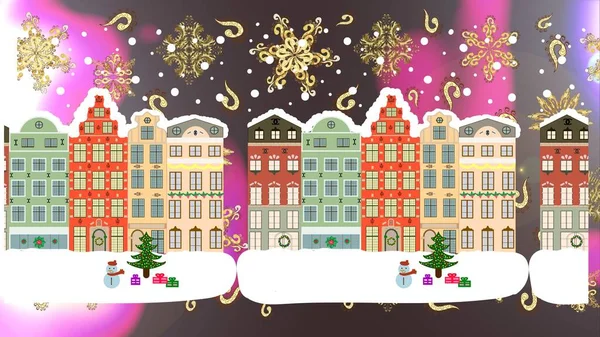 Alışılmadık bir Noel illüstrasyon kartpostalı. Muhteşem dekore edilmiş ev Noel 'de süslenmiş beyaz, kahverengi ve nötr renkler büyülü orman ve tepelerde. Raster..