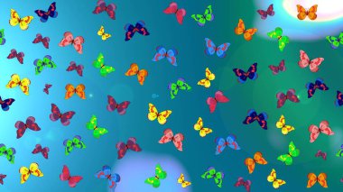 Mavi, yeşil ve sarı kelebek desenleri. Parmak izi dokuları için sevimli kelebek çizimi deseni. Raster illüstrasyonu. Giysi tasarımı için dekor arkaplanı.