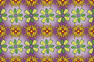 Düz çiçekler pürüzsüz desen. Hediye ambalaj kağıdı, tebrik kartları, posterler ve pankart tasarımı. Sarı, mor ve nötr renkte çiçekler.