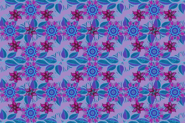Flat Flower Elements Design. Colour Spring Theme seamless pattern Background. Raster illustration. In asian textile style. Seamless flowers pattern. Flowers on violet, blue and purple colors.
