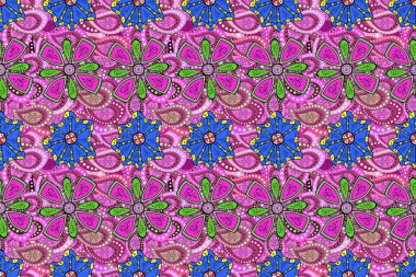 Soyut, etnik, kusursuz bir model. Kabile sanatı boho baskısı, klasik çiçek arkaplanı. Arkaplan dokusu, duvar kağıdı, morumsu çiçek teması, pembe ve mavi renkler.