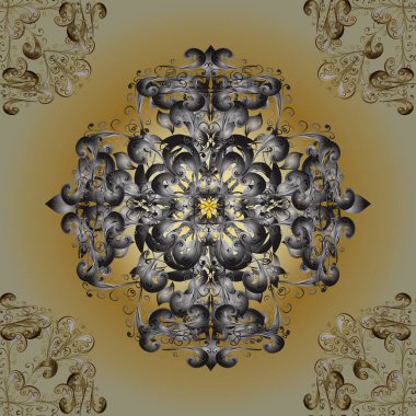 Altın antika ortaçağ dekoratif, sarı, bej ve gri renklerde altın desenli süslemeleri olan vektörsüz desenler. Kusursuz kraliyet lüksü, altın barok kumaş rengi..