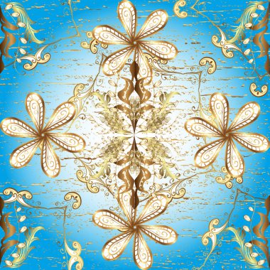 Kusursuz altın desenli bukleler. Vektör altın pürüzsüz desen. Beyaz, mavi ve nötr renklerde kusursuz desen. Doğu tarzında altın elementler arabesk.