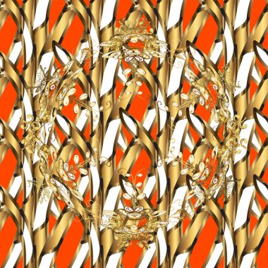 Kusursuz ortaçağ çiçek deseni. Turuncu, kahverengi ve beyaz renklerde altın. Dekoratif simetri arabesk. Vektör çizimi. Doğum günü, davetiye ya da afiş için tebrik kartı.