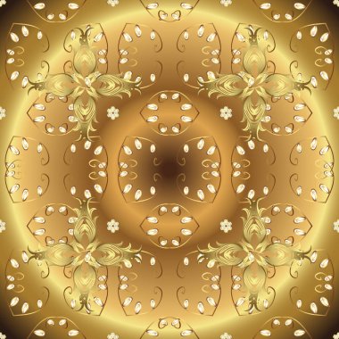 Sarı, bej ve kahverengi renklerde altın element. Barok tarzında altın çiçekli süs. Doku arka planında altın duvar kâğıdı. Damask kusursuz yinelenen arkaplan.