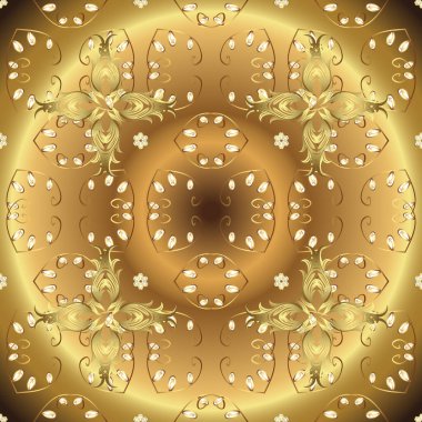 Bej, sarı ve kahverengi renkli desen. Altın mehndi kusursuz desen. Kına dövmeli süs çiçekleri, altın çıkartmalar, mehndi ve yoga tasarımı, kartlar ve parmak izleri..