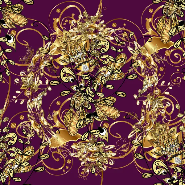 Gold floral ornament in baroque style. Golden element on a brown, purple and yellow colors. Damask background. Golden floral seamless pattern.