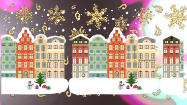 Kışlık evler, odun, ağaçlar, beyaz tepeler, tarafsız ve kahverengi renkler. Yaratıcı Noel geçmişi. Raster illüstrasyonu.