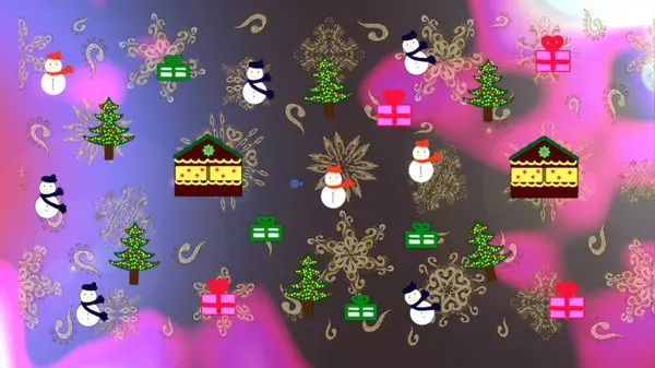 Christmas illustration on violet, brown and pink colors. Raster pattern with various cartoon houses. Raster illustration.