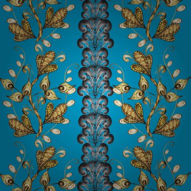 Mavi, gri, sarı ve altın desenli. Tekrarlayan elementlerle kusursuz soyut arkaplan. Zarif vektör klasik desen.