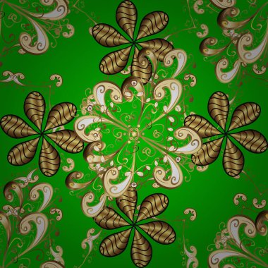 Yeşil, kahverengi ve sarı renklerde altın elementlerle kusursuz desen. Vektör çizimi. Geleneksel oryantasyon süsü. Kusursuz klasik vektör altın deseni. Klasik vintage arkaplan.