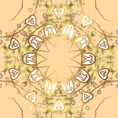 Tekrarlayan elementlerle soyut vektör arkaplanı. Vektör çizimi. Kusursuz damaske klasik altın desen. Altın desenli bej, sarı ve kahverengi üzerinde altın elementler.