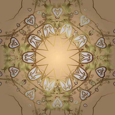 Ornate decoration. Damask gold abstract flower seamless pattern on beige, yellow and brown colors. Vector illustration.