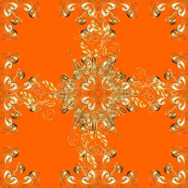 Turuncu, bej ve sarı renklerde altın elementlerle kusursuz desen. Klasik klasik klasik arka plan. Geleneksel oryantasyon süsü. Kusursuz klasik vektör altın deseni.