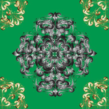 Yeşil, gri, bej renklerde altın elementlerle kusursuz desen. Doğu tarzı arabesk. Kusursuz altın desenli bukleler. Parlak dantel, stilize çiçekler, şal desenli. Vektör. Altın deseni aç