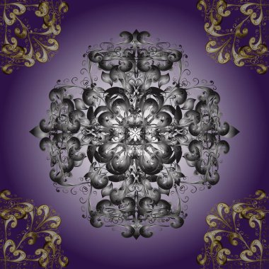 Kusursuz altın desenli bukleler. Doğu tarzı arabesk. Mor, gri ve nötr renklerde altın elementler. Vektör çizimi. Vektör altın desen.