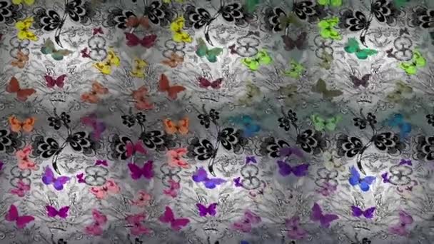 カラフルな要素を持つムービー映像の背景 手描きのシルエットバタフライと水彩の質感 楽しい色のイラスト — ストック動画