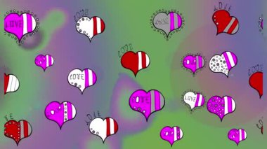 Kusursuz. Güzel kaligrafi yazıları, kalpler ve karalamalar olan aşk kalıpları. Renklere göre grafiksel. Çizgi film tarzında el çizimi çizimi. Ağ için sanat, baskı, kumaş. Kalpler.