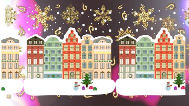 Beyaz, kahverengi ve nötr renkler üzerine Noel illüstrasyonu. Çeşitli karikatür evlerinin raster desenleri. Raster illüstrasyonu.