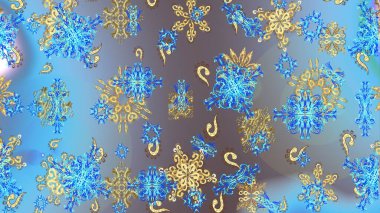 Different snowflake collection raster, winter elements on a golden colors. Raster christmas abstract colorful background with cute snowflake.