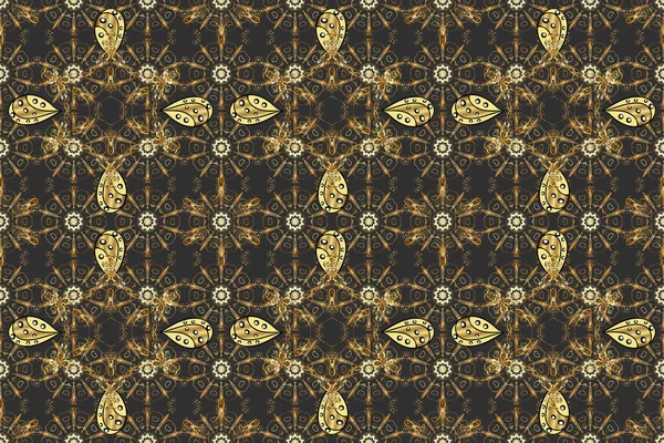 Seamless medieval floral royal pattern. Good for greeting card for birthday, invitation or banner. Gold on beige, gray and brown colors. Decorative symmetry arabesque.