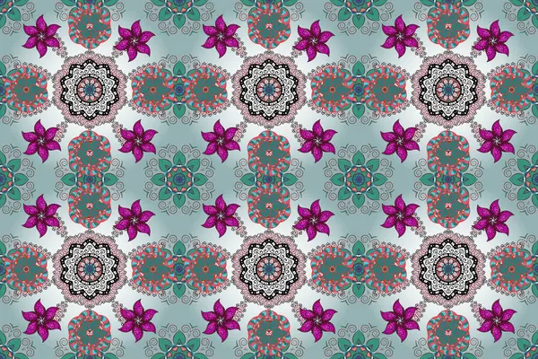 Çiçeksel fantezi tasarımı, parlak bir arka planda, kusursuz bir desen. Renkli Bahar Temalı Kusursuz Arkaplan. Düz Çiçek Elementleri Tasarımı.